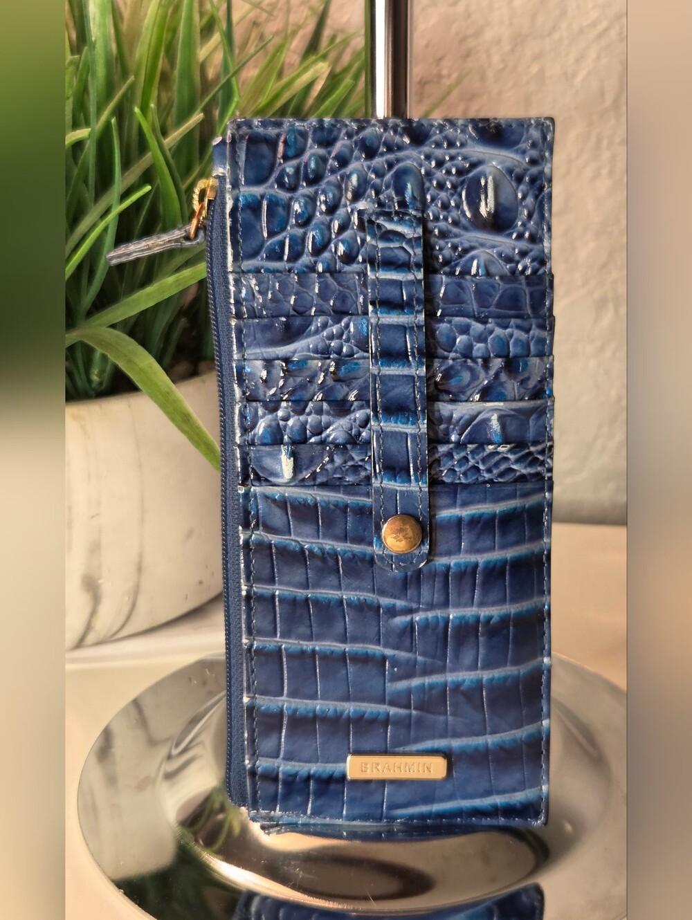 Brahmin Croc-Embossed Credit Card Wallet – Blue Melbourne (Matches Amelia Bag)